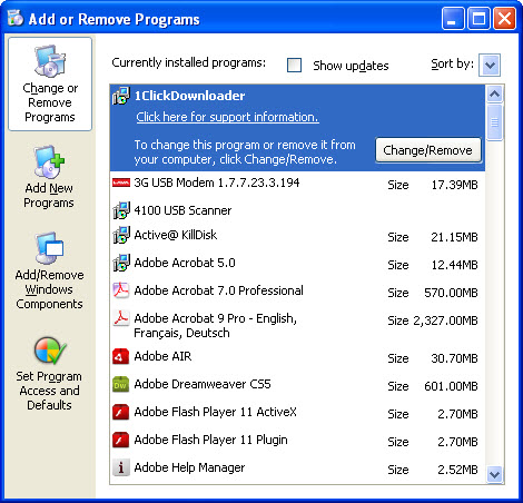 Microsoft Windows Add or Remove Programs window